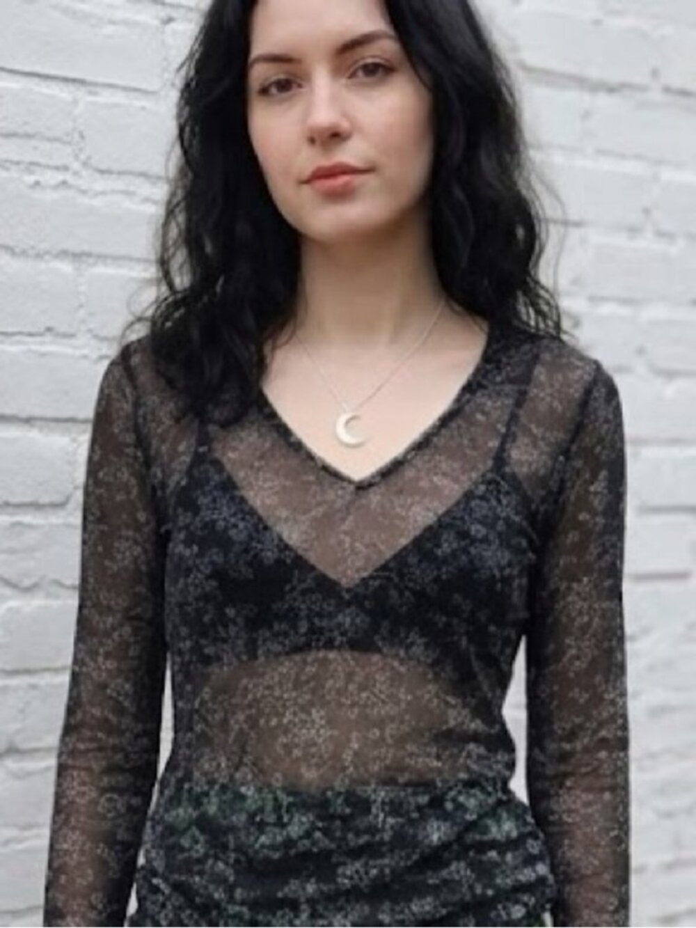 Vintage Y2K Black Sheer Lettuce Edge Long Sleeve Mesh Top Shirt Size Small Goth